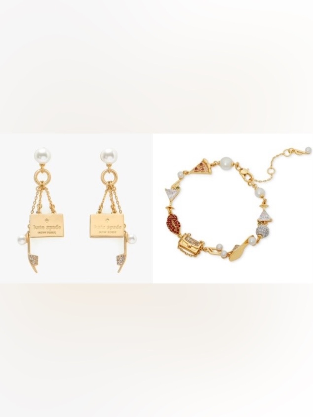 kate spade Gold Tone Hit the Town Charm Bracelet and New York Minute Earrings